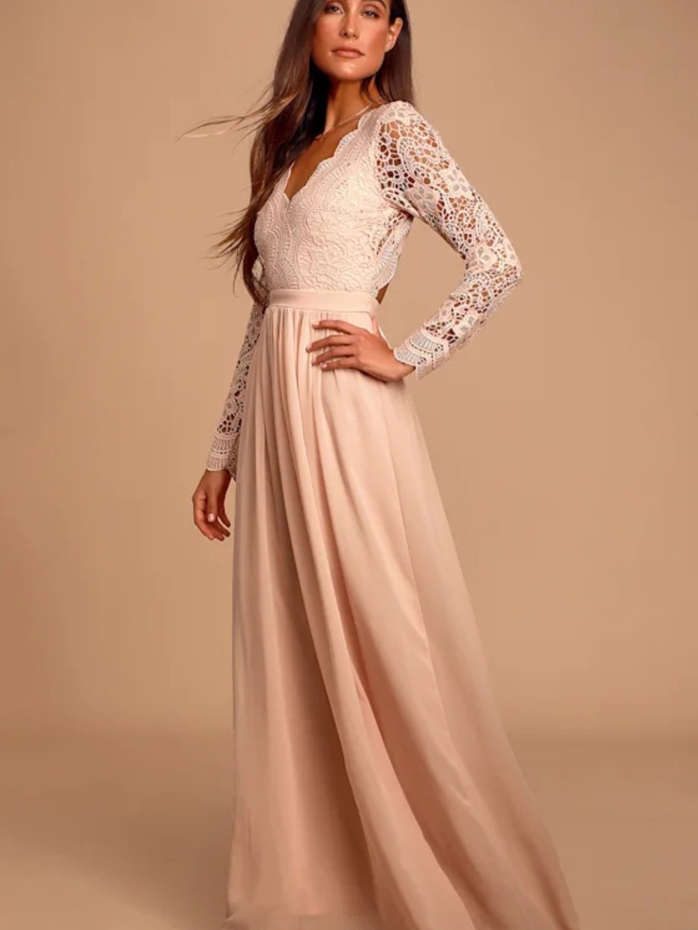 NEW Lulu's popular Awaken My Love Blush Pink Long Sleeve Lace Maxi Dress